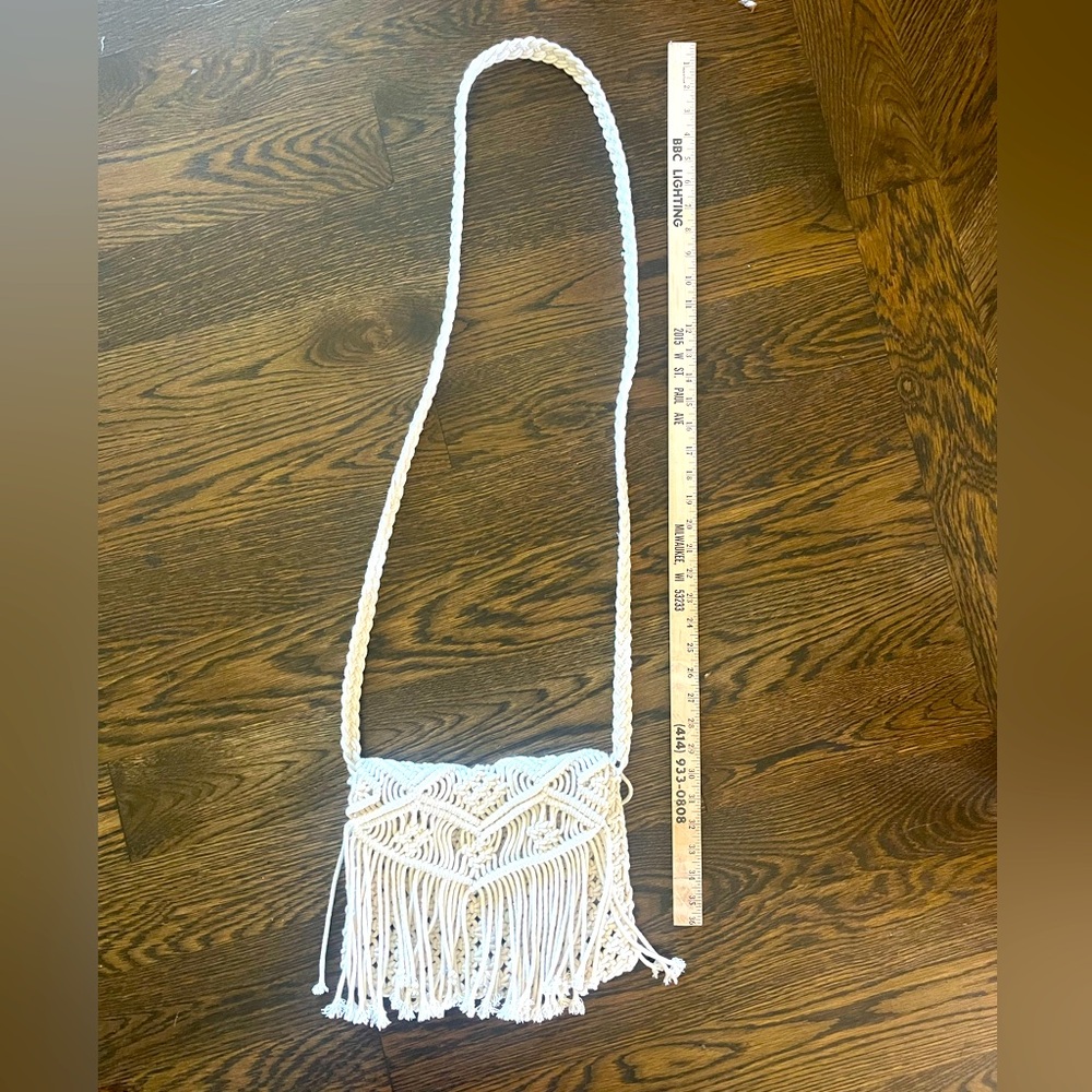 Macramé woven cream, Crossbody purse, fringe hand, tied bohemian Boho
